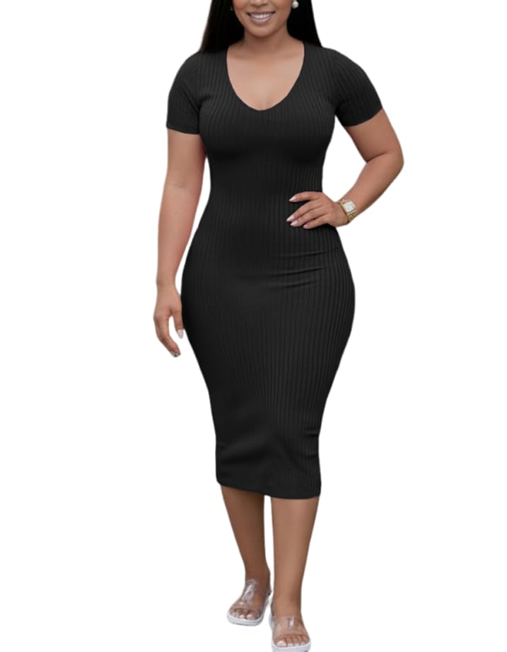 Image of TOPSRANI Women Sexy Midi Dress Bodycon Casual Sleeveless Basic Ruched Tank Summer Club Party Dresses