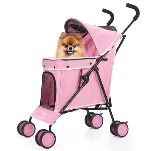 Passeggino 3 in 1 per cani e gatti di piccola taglia, passeggino pieghevole con manico regolabile, 4 ruote, tessuto a rete traspirante, grande capacità (rosa)