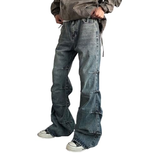 Mens Jeans Straight Leg Relaxed Fit Ruched Trendy Y2K Streetwear Hip Hop Denim Pants