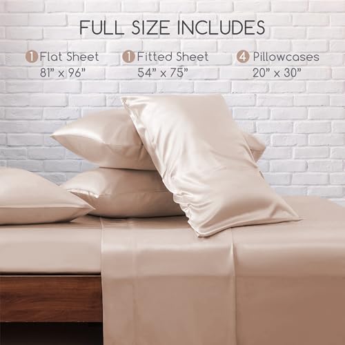Image of MR&HM Satin Bed Sheets, Full Size Sheets Set, 6 Pcs Silky Bedding Set with 15 Inches Deep Pocket for Mattress (Full, Champagne)
