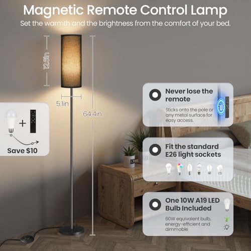 Image of Dimmable Black Floor Lamp for Living Room with Remote and Foot Switch, Corner Floor Lamp for Bedroom, Modern Standing Tall Lamp, 10W 900LM Bulb Included, 3000K-6500K, Linen Shade, FCC Listed B06LD05W1