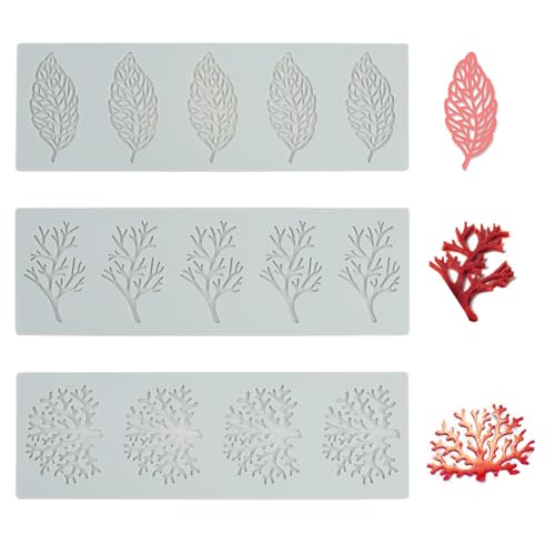 Molde silicone folhas, molde de tulipa de silicone, tapetes de silicone para ondant, moldes de renda flexíveis para decoração de bolos e bolos, desenhos de ramos, coral e folhas (3 unidades)