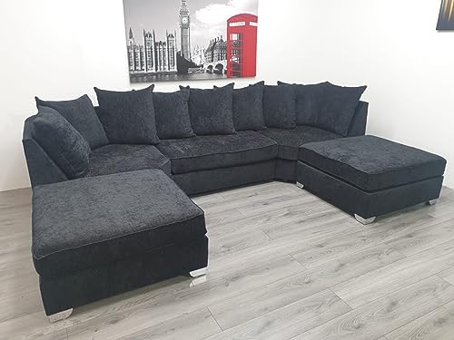 Bespoke Beds EASTON U SHAPED SOFA SOFT VELVET FABRIC CORNER SOFA (Black)