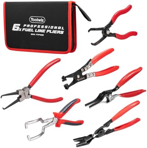 Toolwiz 6 pcs Fuel Line Pliers Set, Hose Clamp Plier, Panel Removal Tool, Hose Removal Plier, 30 Degree Push Pin Pliers, 2 pc 9" Electrical Disconnect Tool for Automotive Repair with Storage Bag