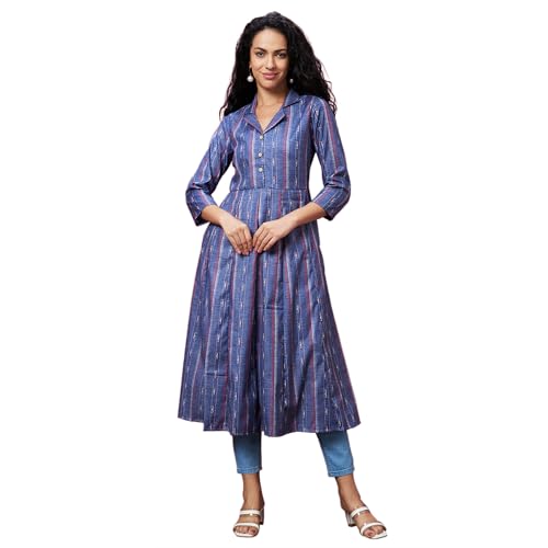 Image of Globus Women Green Casual Striped Lapel Shirt Collar 3 /4th Sleeve A-Line Kurta-3639791001