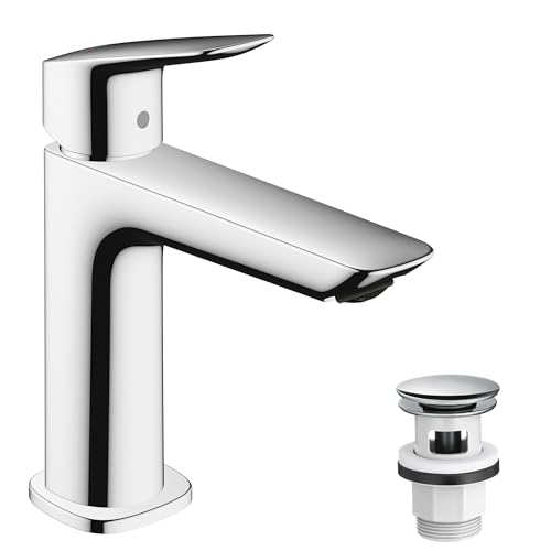 hansgrohe Logis Fine - Waschtischarmatur mit Push-Open Ablauf Wasserhahn Bad mit Auslauf Höhe 110 mm Mischbatterie Waschbecken wassersparend (EcoSmart) Chrom 71252000