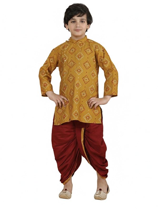 Image of superminis Boy's Golden Foil Printed Side Open Cotton Kurta, Round Collar, Full Sleeves Ethnic Wear Dhoti Kurta Set