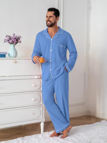 Image of QZH.DUAO Mens Pajama Set 100% Cotton Long Sleeve Button Down PJs