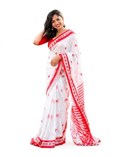 White & Red Bengali Traditional Saree for Women | Elegant Festiva...