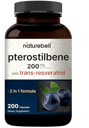 NatureBell Pterostilbene 200 mg Per Serving with Trans-Resveratrol 200 Capsules 2-in-1 Antioxidant Polyphenol Formula* Non-GMO