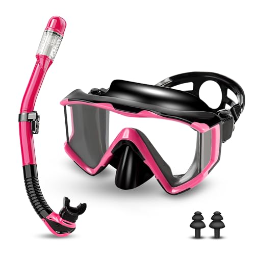 Gafas y Tubo de Snorkel Set para Adulto, Gafas de Buceo panorámicas de 180°,máscara de Snorkel antivaho y antifugas,con Lente de Vidrio Templado,Gafas de Buceo para Adultos con esnórquel (Negro/Rosa)