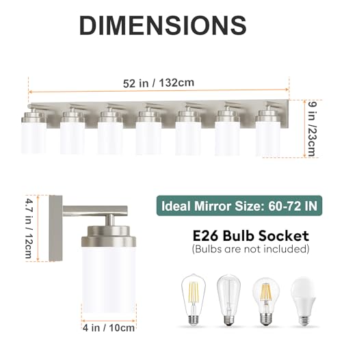 Image of IZORRO Bathroom Vanity Light Fixture, 7-Light 52 inch Brushed Nickel Bathroom Light Fixtures Over Mirror, with White Glass Shade, Modern Farmhouse Vanity Lights, Rustic Restroom Lighting Fixtures
