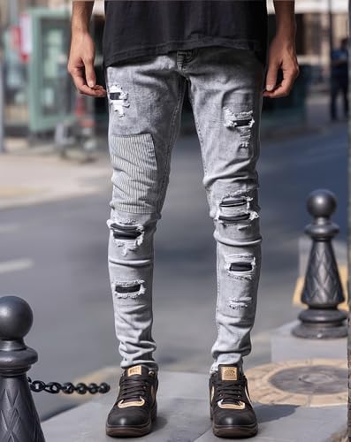 Stretch Jeans for Men Slim Fit Mid Rise Patch Ripped Distressed Skinny Jeans Tapered Casual Denim Pants2