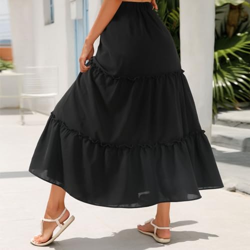 Jane Shine Women's Summer Boho Maxi A-Line Long Skirts Elastic High Waist Ruffle Swing Beach Dress with Lining4