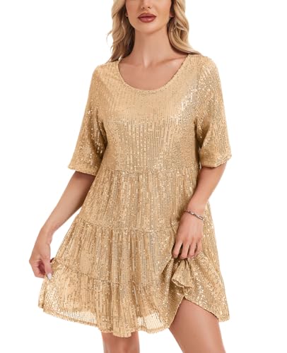 Kyzoeyou Kurzarm Glitzer Sommerkleid Damen mit Pailletten Midi Kleider Leicht Kleid Casual Tunika Plissee Swing Freizeitkleid(Golden,XXL)