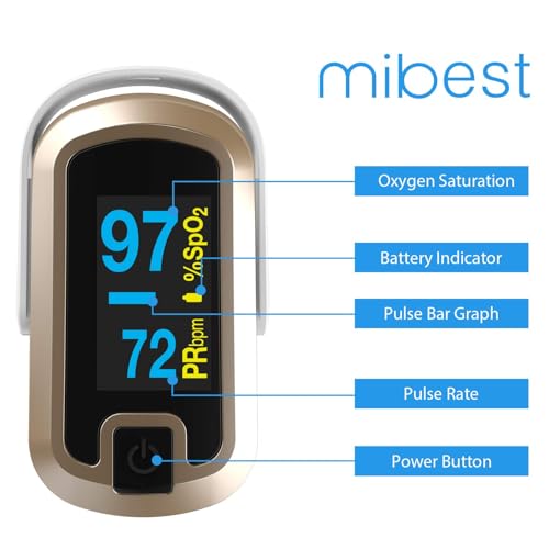 Image of Mibest Pulse Oximeter Fingertip, Blood Oxygen Saturation Monitor (SpO2) with Rate Measurements and Waveform Graph, Portable Digital Reading OLED Display, Batteries Lanyard and Carry Case Included