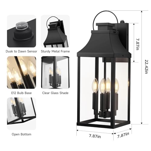 Image of Dusk to Dawn Outdoor Wall Lantern, 22'' Large Exterior Porch Sconce Lights