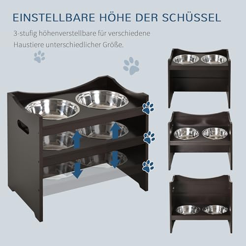 PawHut Erhöhter Hundenapf Höhenverstellbar Futternapf mit Ständer Wassernapf 2 x 2L Edelstahlnäpfen Langsamfutternapf verstellbar Fressnapf Futterstation Hundenäpfe für alle Hundegrößen, Kaffee