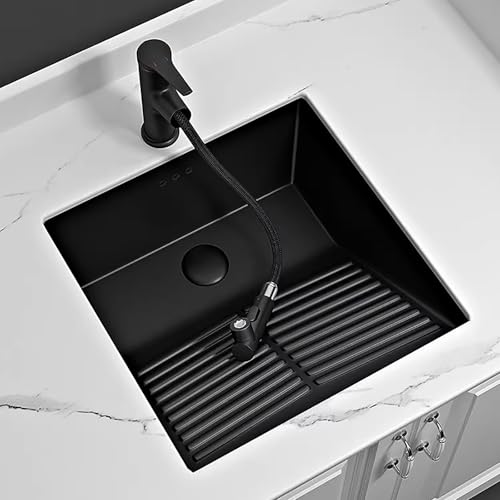 Lavabo de Cerámica Negro Baño con Tabla de Lavar, Pila Lavadero, Lavabo Bajo Encimera, con Grifo Extraíble y Kit Desagüe, Ideal para Lavaderos, Balcones y Baños(47x47cm/18.5x18.5in)