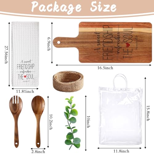 Juego de 7 piezas para amigas: tabla de cortar de madera de acacia, cuchara y tenedor de ensalada, paño de cocina impreso, bolsa de PVC transparente, ramitas artificiales y cinta de cáñamo — regalo ideal para cumpleaños, Navidad o sorpresa miniatura 2