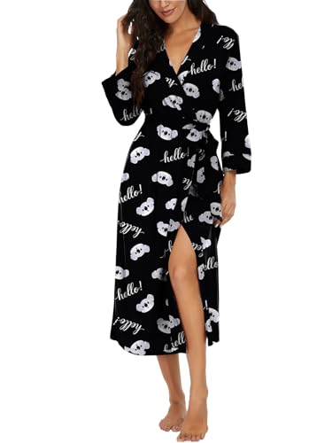 Image of VINTATRE Robes for Women Long Knit Bathrobe XS-4XL | 3 /4 Sleeve Bathrobes with Pockets, Stretchy and Lightweight Fabric, Inner Tie and Fixed Outer Belt, Mid Calf Length