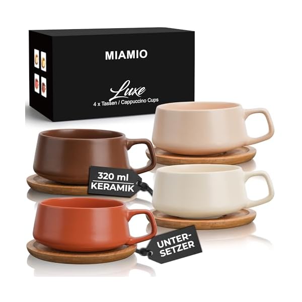 MIAMIO - 4 x 320 ml Kaffeetassen/Cappuccino Tassen mit Unterteller/elegant/modern/Kaffeebecher aus Steingut - Luxe Kollektion 4er Set