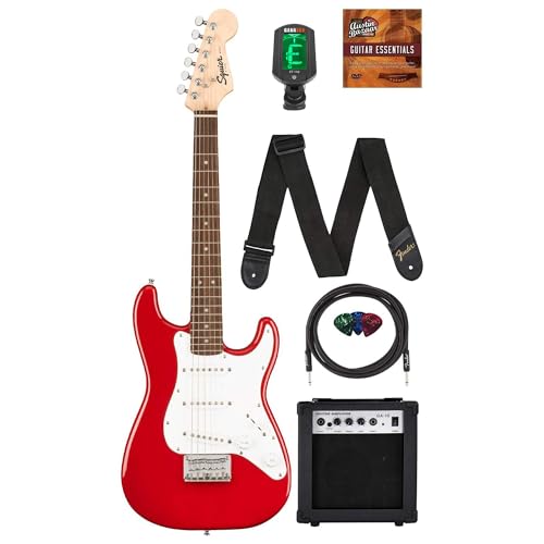 Image of Fender Squier 3 /4-Size Kids Mini Strat Electric Guitar - Red Bundle with Amplifier, Instrument Cable, Tuner, Strap, Picks, and Austin Bazaar Instructional DVD