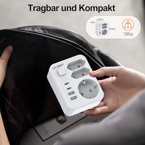 Doppelstecker für Steckdose mit 4 USB, 7 in 1 Steckdosenleiste 3 Fach Mehrfachsteckdose mit Schalter 3680W 16A Steckdosenadapter, Mehrfachstecker USB C Steckdosenverteiler für Büro Hause, Weiß 4