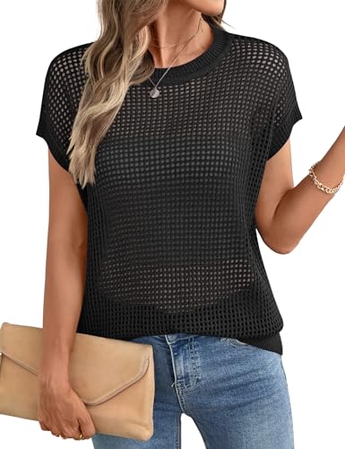 Ivicoer Womens Crochet Sweaters for Women Loose Fit Summer Tops Cute Crew Neck Western Outfit for Women Black XL