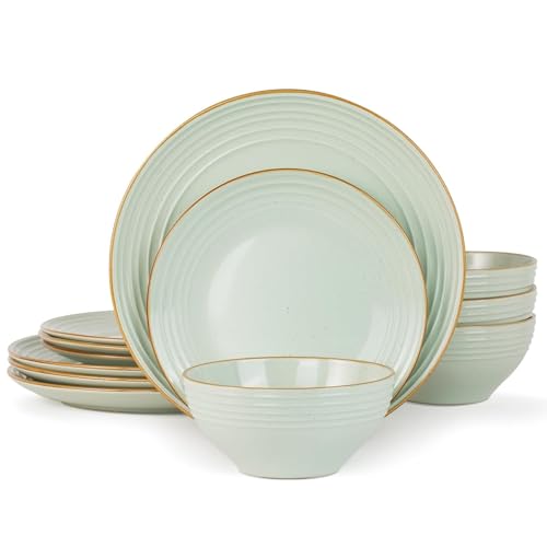 Richmount Service de vaisselle Jupiter 4 personnes, ensemble d'assiettes et bols à granola, grès à motifs tâchetés et rayés, lave-vaisselle,...
