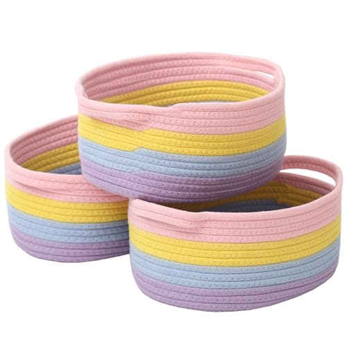Image of JMvicyroam Small Woven Basket, Empty Gift Basket, Rainbow /3 Pack | Small Gift Basket, Cotton Rope, 12 x 8 x 53 in, Handles, Includes Ribbon and Bag, Birthday Gift Basket