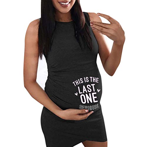 Maternità Increspato Vestito Divertente Lettera Stampa T-Shirt Abiti Per Mamma Gravidanza Donne Casual Senza Maniche Abito Estivo Aderente Gilet Vestito Spiaggia Sundress Camicia Da Notte Nero L