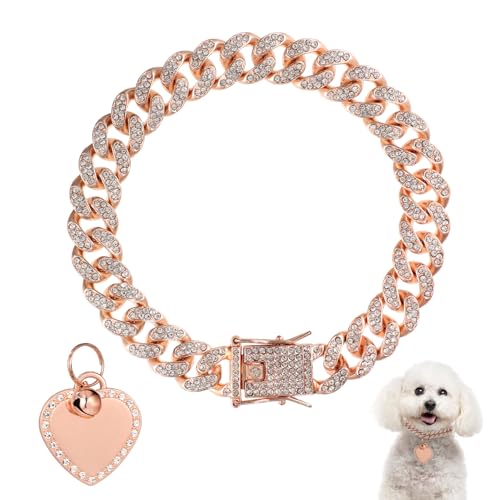 Collare a Catena per Cani da 25cm, Collana con Collare in Oro Rosa con Diamanti con Targhetta per Cani a Forma di Cuore per Cani di Piccola Media Grande Taglia Gatti