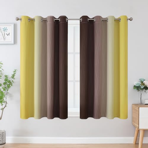 Estelar Textiler Brown and Yellow Blackout Curtains 45 Inch Length, Full Light Blocking Gradient Drapes for Kitchen, Thermal Insulated Grommet Ombre Curtains for Bathroom, 52Wx45L, 2 Panels