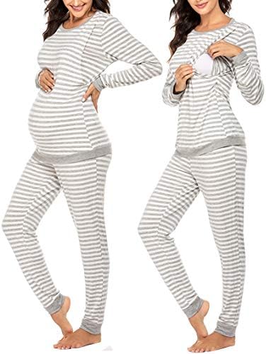 Ekouaer Maternity Thermal Underwear for Women Soft Striped Nursing Long Johns Set Base Layer Top & Bottom (Light Gray XXL)