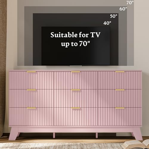 Image of Fluted Dresser for Bedroom with 9 Drawers, 57 inch Pink Dressers & Chest of Drawers for Girls, Mid Century Modern Dresser of Closet TV Stand, Boho Wood Chests of Drawer for Living Room, Hallway, Pink