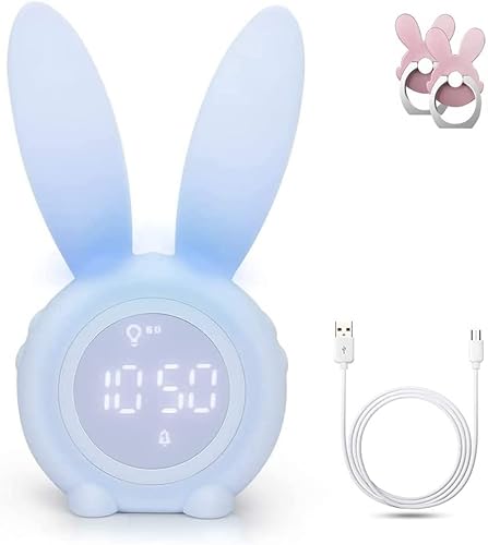 目覚まし時計 デジタル 置き時計 かわいい ウサギ 温度計 アラーム 振動/音感センサー USB給電 卓上 ナイトライト 子供 女の子 贈り物 ブルー