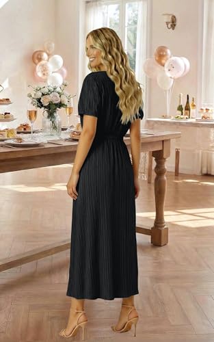 Image of ECOWISH Women Maxi Dresses Cocktail Party Wedding Guest Formal Pleated Long Dress Short Sleeve Slit Empire Waist Evening Gown
