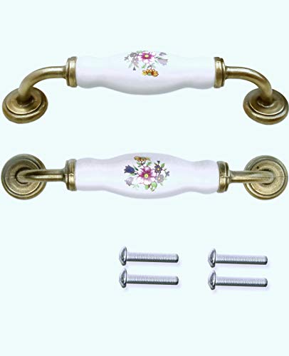 Fuxer - Tiradores de cocina antiguos para cajones y cajones, de cerámica con diseño de flores, 2 unidades, incluye tornillos, 185 mm