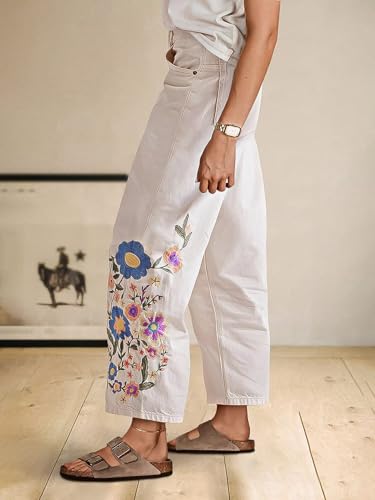 Flamingals High Waisted Cotton Straight Leg Pants for Women Boho Floral Embroidery Summer Pants4