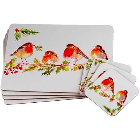 Set of 4 Winter White Robin Place Mats and Coasters Cover