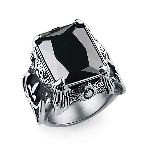 Valily Dragon Claw Ring for Men Stainless Steel Huge 35ct Fire Imperial Black Onyx Solitaire Obsidian Ring Medieval Axes Gothic Ring Size 12