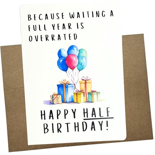 Whitman and Daughter Happy Half Birthday Card with Balloons, Premium White Cardstock, 5x7 Inch, Blank Inside, Made in USA, Half Birthday Cards for Kids - 1245