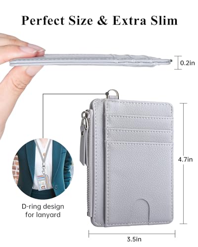 Image of Teskyer Slim RFID Wallet for Women, Small Card Holder with Zip Pocket, Grey, 3.5 inch x 4.7 inch, Minimalist | Zip Pocket for Cash Coin, 1 ID Window & 7 Card Slots, Ultra Slim Design, D-Ring for Neck Lanyard, for Daily Carry and Travel