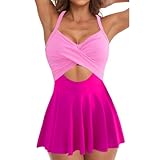 THSCWY Einteiliger Damen-Badeanzug mit Ausschnitt, V-Ausschnitt, Raffhalter, Bademode, Bauchkontrolle, Badeanzug, Pink, Large