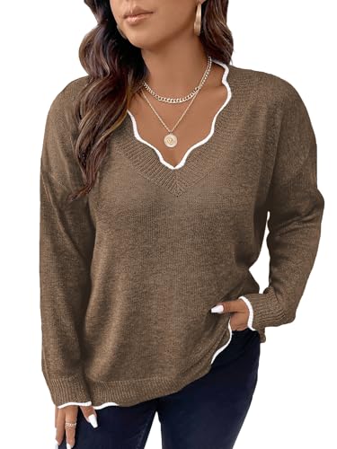 Image of MAKEMECHIC Women's Plus Size Long Sleeve Sweaters Scalloped V Neck Knit Cozy Sweater Pullover