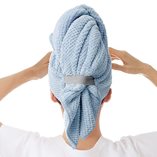 Bycoo Large Microfiber Hair Towel Wrap For Women, Anti Frizz Hair Drying Towel With Elastic Strap, Fast Dry | Super Absorbent | Quick Dry Hair Turban For Wet, Curly, Long & Thick Hair -Blue #TOP30
