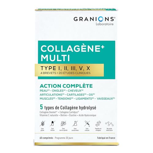 MULTI Collagene - 5 Types de Collagène - GRANIONS Collagène N°1 en Pharmacies - Collagene Marin Poudre - Collagene Marin + Vitamine C - 20 études cliniques - Goût Citron - 60 comprimés