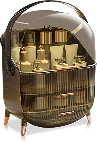 Kousee Makeup Organizer, Skincare Organizers Cosmetic Display Case with Dust Free Cover Portable Handle, Waterproof Makeup Box for Vanity Countertop Bathroom Dresser-Retro Grey