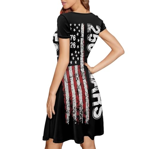 Image of POLERO Women Puffy Swing Elegant Party Midi Dresses Short Sleeve Round Neck A-Line Dress